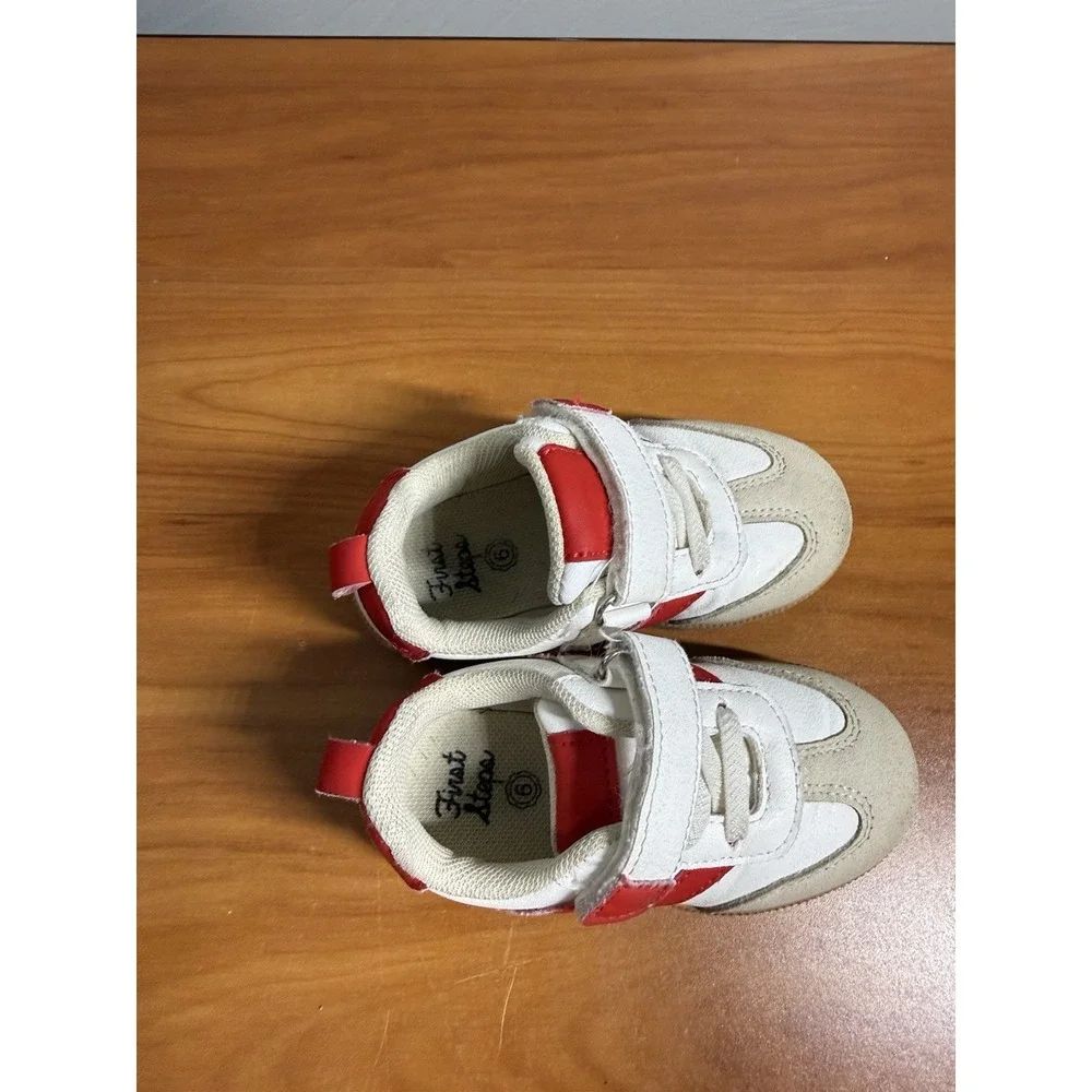 Sneakers First Steps Size 6 White/Red Toddler Shoes no-tie laces/hook & loop